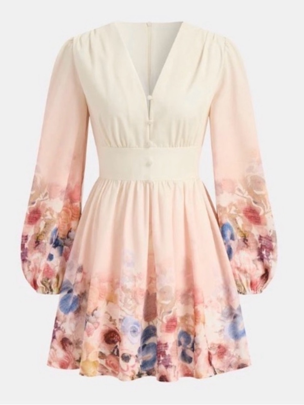 Commense Cream and Pink Floral Ombre V-Neck Mini Dress.   1057